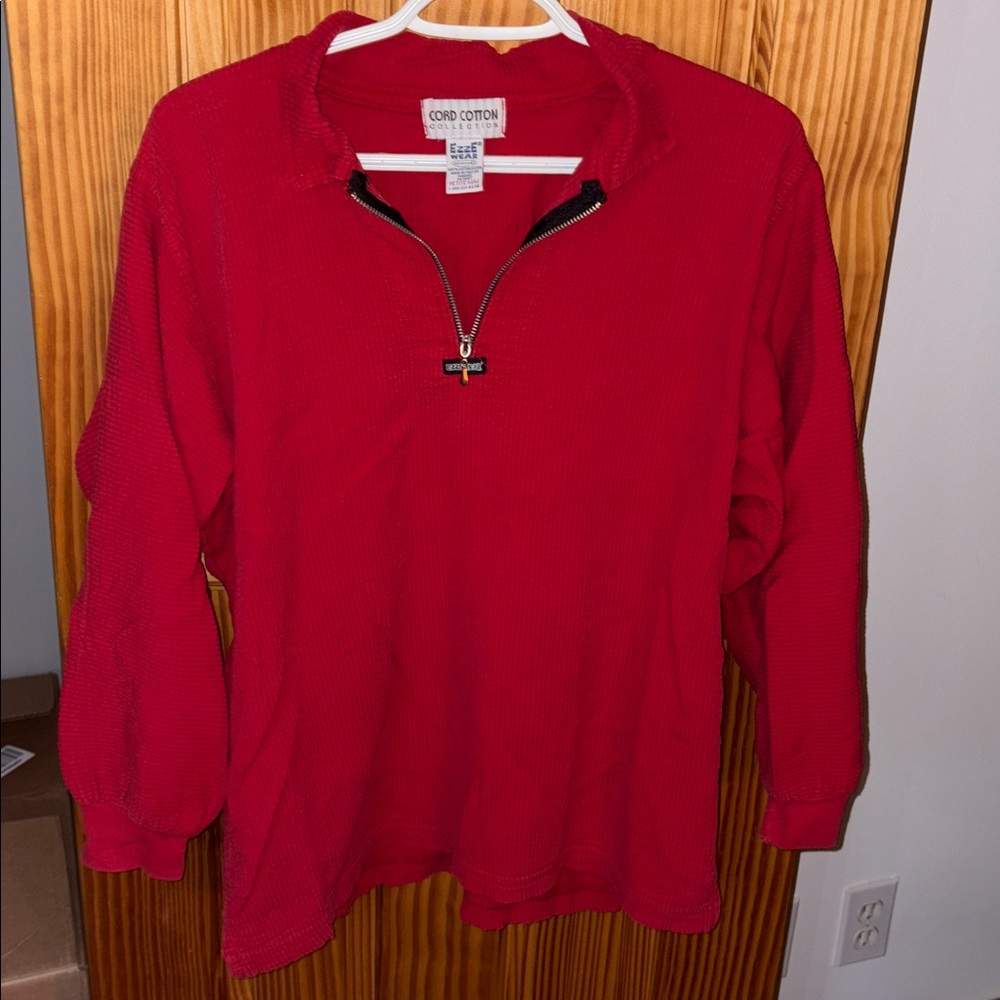 Red Cord Cotton Pullover with Half-Zip